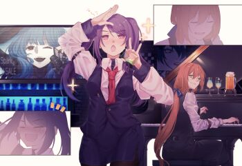 3girls black_legwear black_pants black_vest blue_hair closed_eyes closed_mouth commentary commission cup feet_out_of_frame flashback girls'_frontline green_eyes highres holding holding_cup holding_microphone jill_stingray kira_miki long_hair long_sleeves looking_at_viewer microphone multiple_girls multiple_views necktie one_eye_closed open_mouth orange_hair pants pantyhose purple_eyes purple_hair purple_skirt purple_vest rabb_horn red_eyes red_necktie salute shirt sitting skeb_commission skirt smile springfield_(girls'_frontline) standing teeth upper_teeth_only va-11_hall-a vest white_shirt