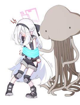 1girl alien black_hairband black_jacket black_shorts blue_archive blush caffeinesonsari clothing_cutout constriction cosplay creature grabbed_by_tentacles hairband half_updo halo highres hip_vent jacket kasamoto_eri kasamoto_eri_(cosplay) kei_(blue_archive) kei_(student)_(blue_archive) knee_guards long_hair mars_people metal_slug open_mouth pink_halo rectangular_halo shorts simple_background tentacles very_long_hair white_background white_hair