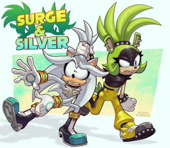 1boy 1girl absurdres animal_ear_piercing artist_name black_shirt blue_eyes boots character_name english_text furry furry_female furry_male gloves grabbing_another&#039;s_hair green_fur highres holding_another&#039;s_hair lemon_eyebrows pants shirt silver_the_hedgehog sleeveless sleeveless_shirt sonic_(series) sonic_the_hedgehog_(idw) surge_the_tenrec white_fur white_gloves yellow_pants