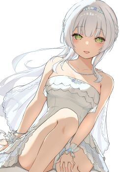 1girl bare_legs bare_shoulders blush bracelet braid breasts cleavage collarbone commentary_request dress green_eyes highres jewelry kashiwagi_saki kinakollll long_hair looking_at_viewer medium_breasts necklace ongeki open_mouth panties sidelocks sitting smile solo strapless strapless_dress striped_background tiara underwear white_background white_dress