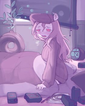 1girl @_@ alarm_clock alcohol alcohol_carton artist_name blanket breasts breathing clock futon hangover headache highres kurohanenone large_breasts mogawa_(shimeji_simulation) pen pink_eyes pink_hair plant potted_plant ribbed_sweater shimeji_simulation sketchbook spiral sweatdrop sweater under_covers underwear window window_blinds wine