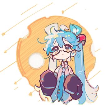 1girl :< ahoge animal_ears blue_eyes blue_hair collared_shirt commentary cropped_torso detached_sleeves glasses hair_ornament hashtag-only_commentary hatsune_miku kemonomimi_mode long_hair long_sleeves mouse_ears mouse_girl necktie shirt sleeveless sleeveless_shirt sleeves_past_fingers sleeves_past_wrists solo suuroku teardrop-framed_glasses twintails vocaloid