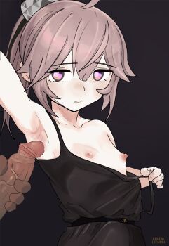 1boy 1girl arm_up armpit_focus armpit_sex armpits artist_name black_dress breasts cerealxs clothes_pull collarbone dark-skinned_male dark_skin dress dress_pull embarrassed eyelashes girls'_frontline grey_hair hetero interracial loli looking_at_another looking_to_the_side m200_(girls'_frontline) m200_(war_correspondent)_(girls'_frontline) male_masturbation masturbation medium_hair nipples official_alternate_costume penis pink_eyes ponytail pulling_own_clothes purple_background shiny_skin sideways_glance simple_background sleeveless sleeveless_dress small_breasts solo_focus spaghetti_strap uncensored upper_body variant_set very_dark_skin