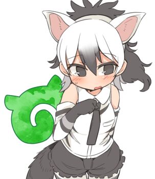1girl aardwolf_(kemono_friends) animal_ears bare_shoulders black_eyes black_gloves black_hair black_necktie black_shorts blush collared_shirt commentary_request cowboy_shot double-parted_bangs elbow_gloves gloves hair_between_eyes hand_up highres hyena_ears hyena_girl hyena_tail ini_(inunabe00) japari_symbol kemono_friends long_hair multicolored_hair necktie open_mouth ponytail shirt shorts simple_background skirt sleeveless sleeveless_shirt solo sweatdrop tail two-tone_hair white_background white_hair white_shirt white_skirt