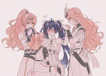 4girls @_@ age_comparison ahoge ancient_greek_clothes arm_armor armlet augusta_(wuthering_waves) bare_shoulders black_hairband black_skirt blue_hair blush bra breasts cleavage commentary dress earrings english_commentary greco-roman_clothes hairband headgear iuno_(wuthering_waves) jewelry kyrus_hiki laurel_crown long_hair medium_breasts multiple_girls orange_eyes orange_hair ponytail sheath showgirl_skirt sitting sitting_on_lap sitting_on_person skirt smelling smelling_hair sun_earrings twintails twitter_username underwear white_dress wuthering_waves yuri