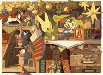 animal bird book candle christmas_ornaments commentary_request creature dragon fire flower no_humans original penguin rocking_horse tofumaabo toy toy_car toy_house vase white_flower