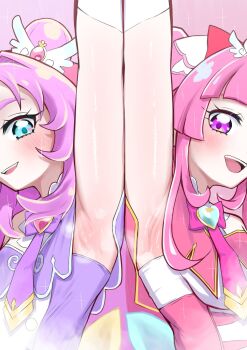 Rule 34 | 2girls, akechi anna, arm up, armpit focus, armpits, blunt ends, blush, breasts, commentary, cure answer, cure mystique, eyelashes, hair ornament, highres, kiki ooba, kobayashi mikuru, looking at viewer, magical girl, meitantei precure!, multiple girls, necktie, open mouth, pink background, pink hair, pink necktie, precure, presenting armpit, purple eyes, purple necktie, small breasts, smell, sparkle, steaming body, strapless, sweat, upper body