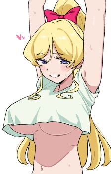 1girl aikatsu!_(series) aikatsu_friends! alternate_breast_size armpits arms_up blonde_hair blue_eyes blush bow breasts cropped_shirt dot_nose grin hair_bow half-closed_eyes heart high_ponytail highres kamishiro_karen large_breasts long_hair looking_at_viewer navel osame ponytail red_bow shirt short_sleeves sidelocks smile solo straight_hair sweat underboob upper_body white_shirt
