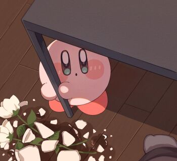 blue_eyes blush_stickers broken commentary flower highres indoors kirby kirby_(series) looking_at_viewer nintendo pov table tokkakyou vase white_flower wooden_floor