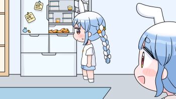 2girls :d animal_ears blue_hair blue_shorts blush_stickers bow braid carrot_hair_ornament chibi closed_mouth ears_down food-themed_hair_ornament hair_bow hair_ornament highres hololive indoors long_hair mochimiko mother_and_daughter multicolored_hair multiple_girls open_mouth pekomama profile rabbit_ears red_eyes refrigerator shirt short_eyebrows short_sleeves shorts small_sweatdrop smile socks sweat thick_eyebrows twin_braids twintails two-tone_hair usada_pekora very_long_hair virtual_youtuber white_bow white_hair white_shirt white_socks