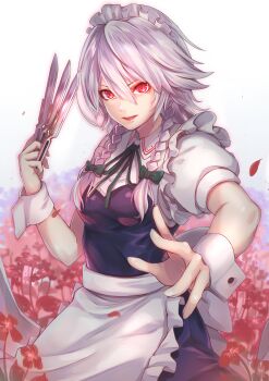 Rule 34 | 1girl, absurdres, apron, between fingers, bow, braid, breasts, flower, green bow, green ribbon, grey hair, hair between eyes, highres, holding, holding knife, izayoi sakuya, knife, knives between fingers, looking at viewer, maid, maid apron, maid headdress, non-web source, open mouth, petals, re (re 09), red eyes, red flower, resized, ribbon, short hair, short sleeves, touhou, twin braids, upscaled, white apron