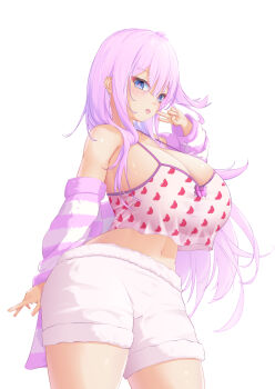 Rule 34 | 1girl, bare shoulders, breasts, cleavage, curvy, highres, huge breasts, indie virtual youtuber, long hair, lv 249, midriff, navel, open mouth, oppai loli, otoha rilly, purple eyes, purple hair, see-through clothes, sideboob, simple background, smile, solo, standing, v, virtual youtuber, white background, wide hips