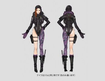 1girl 3d ass asymmetrical_ass asymmetrical_legwear bodysuit boots brown_hair capcom reference_sheet concept_art curvy diving_suit gloves grey_background half_ass jessica_sherawat knife leotard long_hair looking_at_viewer multiple_views official_art resident_evil resident_evil:_revelations smile translation_request wetsuit