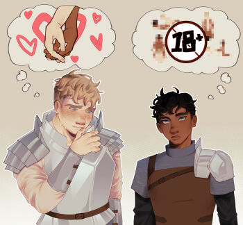 2boys absurdres another_ship_dynamic_i_enjoy_(meme) apron armor belt black_hair black_shirt blonde_hair blue_eyes blush breastplate brown_apron brown_belt censored closed_mouth commentary dark-skinned_male dark_skin dungeon_meshi empty_eyes english_commentary fingernails grey_armor grey_background half-closed_eyes hand_up heart highres holding_hands kabru laios_touden layered_sleeves lips long_sleeves looking_down looking_up macncherries male_focus meme mosaic_censoring multiple_boys shirt short_hair short_over_long_sleeves short_sleeves shoulder_armor simple_background speech_bubble sweat thought_bubble upper_body white_shirt yaoi