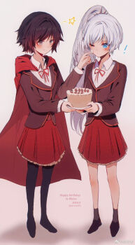 2girls akane031 artist_name birthday_cake blush cake cape food gradient_hair happy_birthday highres icing long_hair multicolored_hair multiple_girls red_hair ruby_rose rwby scar scar_across_eye scar_on_face school_uniform short_hair teasing weiss_schnee white_hair yuri