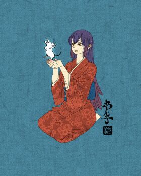 1girl absurdres animal blue_background brown_eyes dancing fine_art_parody floral_print floral_print_kimono full_body highres holding holding_animal inkan japanese_clothes japanese_text kimono long_hair mouse nihonga original parody print_kimono purple_hair red_eyes red_kimono sei5osuzuki seiza sitting very_long_hair