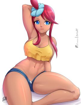 1girl abs armpits bare_shoulders blue_eyes breasts buho01 cleavage crop_top dark-skinned_female dark_skin large_breasts lips long_hair micro_shorts nintendo panties pokemon pokemon_bw red_hair shorts skyla_(pokemon) sleeveless underwear white_background