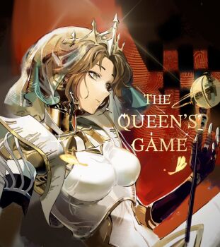 1girl android breasts brown_hair closed_mouth english_text from_side gold_tiara hand_up joints large_breasts lucy_(reverse:1999) lucy_(the_queen&#039;s_game)_(reverse:1999) mole mole_under_mouth official_alternate_costume profile red_background reverse:1999 robot_girl robot_joints scepter see-through_clothes see-through_veil short_hair solo upper_body veil wutang_maicha_1000cc yellow_eyes