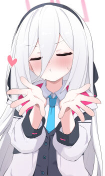 1girl blue_archive blue_necktie blush closed_eyes dress_shirt halo hands_up heart jacket kei_(blue_archive) long_hair necktie nicomi-chan pink_halo school_uniform shirt simple_background solo straight_hair upper_body white_background white_hair white_jacket white_shirt