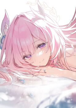 1girl blue_eyes closed_mouth commentary_request cyrene_(aedes_elysiae)_(honkai:_star_rail) cyrene_(honkai:_star_rail) cyrene_(ripples_of_past_reverie)_(honkai:_star_rail) diamond-shaped_pupils diamond_(shape) different_reflection flower hair_flower hair_intakes hair_ornament highres honkai:_star_rail honkai_(series) jewelry long_hair looking_at_viewer luna_(luna610) pink_hair purple_eyes purple_flower purple_rose reflection ring rose simple_background smile solo_focus symbol-shaped_pupils white_background