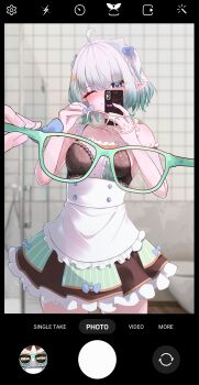 1girl ;) absurdres apron bath black_bra black_skirt blue_eyes blush bra cellphone center_frills commentary densetsu.exe dress english_commentary eyewear_view fake_phone_screenshot fake_screenshot female_pov frilled_apron frilled_dress frills glasses gradient_hair green_dress green_hair hair_ornament hairclip highres holding holding_phone holding_removed_eyewear lace lace_bra maid maid_headdress miniskirt mint_fantome mint_fantome_(minto_2.0) mirror_selfie multicolored_hair one_eye_closed phone pointy_ears pov reflection reflection_focus selfie short_hair skirt skirt_under_dress sleeveless sleeveless_dress smartphone smile solo striped_clothes striped_dress syxh triangular_headpiece two_side_up underwear unworn_eyewear vertical-striped_clothes vertical-striped_dress virtual_youtuber waist_apron wavy_hair white_apron white_hair x-ray_glasses x-ray_vision x_hair_ornament
