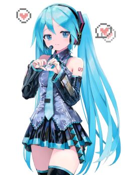 1girl aqua_eyes aqua_hair aqua_nails aqua_trim arm_tattoo bare_shoulders black_skirt black_sleeves closed_mouth collared_shirt commentary_request detached_sleeves fingernails four-finger_heart_hands grey_shirt hair_between_eyes hair_ornament hatsune_miku headset heart heart_hands highres long_hair miniskirt nail_polish new_year number_tattoo pleated_skirt shirt simple_background skirt sleeveless sleeveless_shirt smile solo takepon1123 tattoo thick_thighs thighhighs thighs tie_clip twintails very_long_hair vocaloid white_background zettai_ryouiki