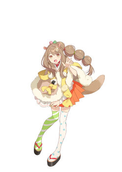 1girl :d animal_ears asymmetrical_legwear brown_eyes brown_hair brown_poncho cho_kaguya-hime! egg_hair_ornament food food-themed_hair_ornament full_body green_thighhighs hair_ornament hand_up highres isayama_mami long_hair looking_at_viewer mismatched_legwear multi-tied_hair official_art onigiri open_mouth orange_skirt pleated_skirt polka_dot polka_dot_thighhighs sandals second-party_source sidelocks simple_background skirt smile solo squirrel_ears squirrel_tail standing striped_clothes striped_thighhighs tachi-e tail thighhighs white_background white_thighhighs