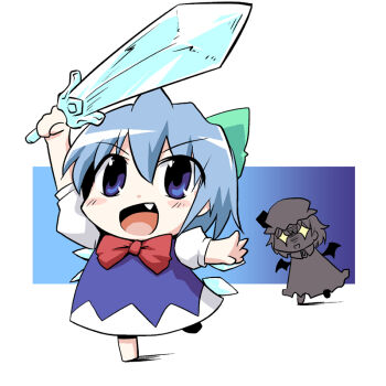 +_+ 2girls :d bat_wings blue_dress blue_eyes blue_hair blush bow bowtie chibi cirno commentary_request crystal_sword detached_wings dress fang futatsuki_hisame green_bow hair_bow happy hat ice ice_wings medium_hair mob_cap multiple_girls no_feet open_mouth outstretched_arm puffy_short_sleeves puffy_sleeves red_bow red_bowtie remilia_scarlet shaded_face short_sleeves smile standing standing_on_one_leg sword touhou weapon white_background wings