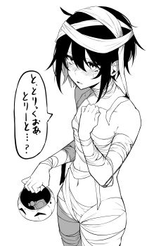 1girl absurdres androgynous bandages blush bucket candy chabashira_(tyabasirak55) commentary_request cowboy_shot flat_chest food from_side greyscale halloween halloween_bucket halloween_costume hand_on_own_chest highres holding holding_bucket jitome kino_(kino_no_tabi) kino_no_tabi midriff monochrome mummy_costume naked_bandage navel open_mouth short_hair sidelocks solo