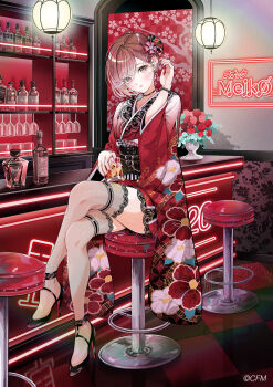 1girl absurdres alcohol bar_(place) bar_stool black_choker black_sash black_shoes bottle brown_eyes brown_hair checkered_floor choker commentary_request crossed_legs cup drinking_glass earrings eyes_visible_through_hair flower hair_ornament hair_over_one_eye hand_up high_heels highres holding holding_cup indoors japanese_clothes jewelry kanzashi kimono lantern long_sleeves looking_at_viewer meiko_(vocaloid) muto_(n0sug4r) obiage obijime official_art on_stool red_flower red_kimono sash see-through_clothes see-through_thighhighs shoes short_hair sitting solo stool swept_bangs thighhighs tile_floor tiles vase vocaloid wide_sleeves wine_bottle