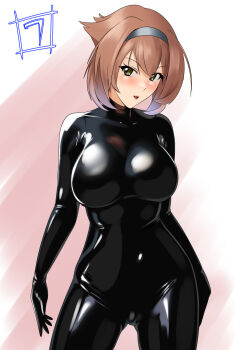 Rule 34 | 1girl, alternate costume, black bodysuit, black hairband, bodysuit, breasts, brown hair, commentary request, flipped hair, green eyes, hairband, highres, huge breasts, kantai collection, latex, latex bodysuit, mutsu (kancolle), short hair, skin tight, solo, wata nuki