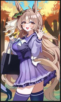 Rule 34 | 1girl, animal ears, bow, braid, brown hair, double-parted bangs, ear ornament, ear ribbon, from side, half up braid, half updo, hand up, highres, horse ears, horse girl, horse tail, looking at viewer, multicolored hair, open hand, sak (lemondisk), satono diamond (umamusume), school uniform, smile, solo, streaked hair, tail, tracen school uniform, umamusume