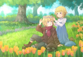 Rule 34 | 2girls, aged down, ange (princess principal), aviator cap, aviator glasses, blonde hair, blue dress, blue eyes, blue headwear, blue sky, boots, brown coat, brown footwear, coat, cross-laced footwear, dress, flower, garden, grass, green pants, grey shirt, hair between eyes, head wreath, highres, long sleeves, multiple girls, open mouth, pants, princess (princess principal), princess principal, red scarf, scarf, shirt, short hair, sky, smile, tree, tulip, two-tone dress, white dress, xin (blueramen), yuri