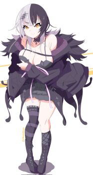 1girl black_boots black_choker black_coat black_hair black_thighhighs boots breasts choker cleavage closed_mouth coat erikuukun full_body fur-trimmed_coat fur_trim grey_hair head_out_of_frame highres hololive hololive_english huge_breasts long_hair multicolored_hair pink_ribbon purple_coat ribbon shiori_novella shiori_novella_(1st_costume) single_thighhigh smile solo striped_clothes striped_thighhighs thighhighs two-sided_coat two-sided_fabric two-tone_hair virtual_youtuber