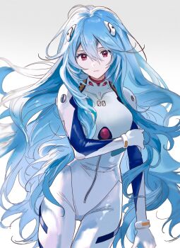 1girl ayanami_rei blue_hair bodysuit breasts cowboy_shot evangelion:_3.0+1.0_thrice_upon_a_time expressionless hair_over_breasts highres holding_own_arm long_hair long_sidelocks looking_at_viewer mecha_pilot_suit medium_breasts neon_genesis_evangelion official_alternate_hair_length official_alternate_hairstyle plugsuit_(evangelion) rebuild_of_evangelion red_eyes ringosan2329 sidelocks solo very_long_hair white_bodysuit