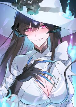 Rule 34 | 1girl, black flower, black gloves, black hair, blue fire, blue hair, blush, breasts, claws, cleavage, colored inner hair, commentary request, constance (honkai: star rail), demon horns, dress, fire, flower, gloves, hair between eyes, hand up, hat, hat flower, hat ornament, highres, honkai: star rail, honkai (series), horns, large breasts, long hair, long sleeves, looking at viewer, mandarin collar, mole, mole under eye, multicolored hair, papi sore, pink eyes, pink pupils, puffy long sleeves, puffy sleeves, purple background, sidelocks, simple background, smile, solo, teeth, upper body, white dress, white hat