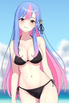 1girl absurdres bikini bing_hayu black_bikini black_ribbon blue_hair blurry blurry_background breasts clock_hair_ornament colored_inner_hair commentary_request cowboy_shot day depth_of_field dot_nose grin hair_ribbon head_tilt highres korean_commentary large_breasts lomyu98 long_hair looking_at_viewer luvdia mole mole_on_breast mole_under_eye multicolored_hair navel outdoors parted_bangs pink_eyes pink_hair ribbon side-tie_bikini_bottom smile solo standing stomach straight_hair streaked_hair string_bikini swimsuit two-tone_hair very_long_hair water_drop wet