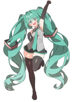 Rule 34 | 1girl, :d, absurdres, aqua eyes, aqua hair, aqua necktie, aqua shirt, aqua skirt, aqua trim, arm up, armpits, black boots, black gloves, black ribbon, black skirt, black thighhighs, blush, boots, breasts, bright pupils, clenched hands, collarbone, collared shirt, commentary, elbow gloves, flipped hair, full body, gloves, grey shirt, hair between eyes, hair ornament, hair ribbon, hatsune miku, highres, leg up, long hair, looking at viewer, microskirt, necktie, no nose, open mouth, outstretched arm, pink ribbon, pleated skirt, ribbon, shirt, sidelocks, simple background, skindentation, skirt, sleeveless, sleeveless shirt, small breasts, smile, solo, standing, standing on one leg, straight hair, thick thighs, thigh boots, thighhighs, thighs, twintails, two-tone ribbon, two-tone shirt, two-tone skirt, uruti 2388, v-shaped eyebrows, very long hair, vocaloid, white background, white pupils, zettai ryouiki