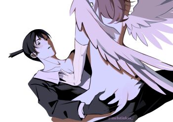 2boys angel angel_devil_(chainsaw_man) angel_wings black_eyes black_gloves blush chainsaw_man clothed_male_nude_male collarbone elbow_gloves gloves grabbing_another&#039;s_ass groping hayakawa_aki highres jacket looking_at_another male_focus medium_hair melstinkss multiple_boys nude open_clothes open_jacket pale_skin short_hair simple_background straddling topknot twitter_username white_background white_gloves wings yaoi