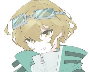 Rule 34 | 1boy, blonde hair, coat, collared coat, crossed bangs, devyat' association north uniform, goggles, goggles on head, green coat, hair between eyes, hashtag-only commentary, high collar, light blush, limbus company, looking at viewer, male focus, open mouth, portrait, project moon, s 08 nn nn, shirt, sinclair (project moon), solo, sweatdrop, tsurime, turtleneck, turtleneck shirt, undershirt, white background, white mouth, white shirt, yellow eyes, zipper pull tab