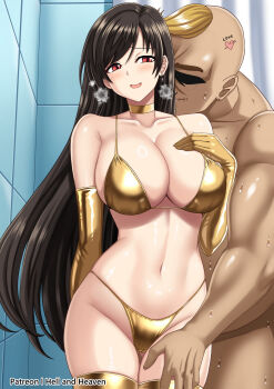 Rule 34 | 1boy, 1girl, bare shoulders, bikini, black hair, blush, breasts, breath, collarbone, cowboy shot, don corneo, earrings, elbow gloves, final fantasy, final fantasy vii, fingering, fingering through clothes, gloves, gold bikini, gold gloves, grabbing another's breast, groping, hellandheaven, hetero, highres, jewelry, large breasts, long hair, red eyes, ring light reflection, single earring, smile, solo focus, sweat, swimsuit, through clothes, tifa lockhart