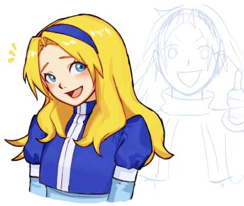1girl :d blonde_hair blue_dress blue_eyes blue_hairband blush commentary cropped_torso dress english_commentary hairband hanibananeez highres long_hair looking_at_viewer maria_robotnik open_mouth sketch_inset smile sonic_(series) upper_body