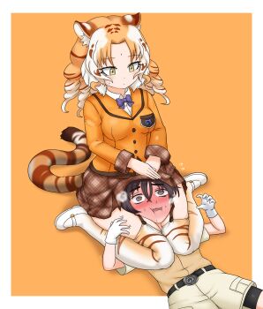 1boy 1girl @_@ adansosutega animal_ears animal_print bike_shorts bike_shorts_under_shorts blue_bow blue_bowtie blush bow bowtie breast_pocket brown_hair brown_shorts brown_skirt brown_trim captain_(kemono_friends) collared_shirt curly_hair embarrassed femdom flying_sweatdrops forehead furrowed_brow garter_straps gloves golden_tabby_tiger_(kemono_friends) head_between_thighs highres jacket japari_symbol kemono_friends kemono_friends_3 long_hair long_sleeves looking_down multicolored_hair open_mouth orange_background orange_hair orange_jacket plaid_clothes plaid_skirt plaid_trim pleated_skirt pocket print_thighhighs safari_jacket scissorhold shirt shoes short_hair short_sleeves shorts sidelocks simple_background sitting skirt strangling struggling sweat tail thighhighs thighs tiger_ears tiger_girl tiger_print tiger_tail trembling wariza white_gloves white_hair white_shirt white_shoes yellow_eyes zettai_ryouiki