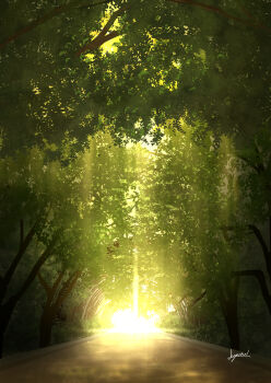 commentary_request day forest green_theme h_yuusui highres light_rays nature no_humans original outdoors path road scenery signature sunbeam sunlight tree