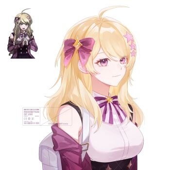 1girl ahoge akamatsu_kaede backpack bag bare_shoulders blonde_hair bow bowtie breasts commentary_request danganronpa_(series) danganronpa_v3:_killing_harmony hair_bow hair_ornament highres kimioharuka large_breasts long_hair long_sleeves pink_eyes shirt smile white_shirt