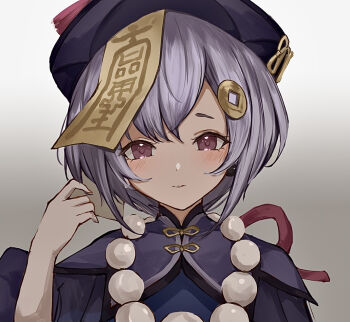 1girl bead_necklace beads blush coin_hair_ornament dress earrings genshin_impact grey_background hair_ornament hand_up hat jewelry jiangshi long_sleeves looking_at_viewer necklace ofuda ofuda_on_head pale_skin parted_lips purple_dress purple_eyes purple_hair purple_hat qingdai_guanmao qiqi_(genshin_impact) solo stud_earrings tassel upper_body yue