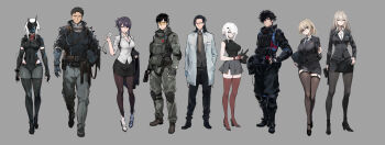 3girls 4boys absurdres ammunition_pouch armor bird/binary black_hair black_jacket black_skirt blue_eyes bulletproof_vest business_suit chest_rig collared_shirt ear_protection formal_clothes gun helmet high_heels highres holding holding_mask jacket lab_coat las91214 long_hair magazine_(weapon) mask mecha_pilot_suit multiple_boys multiple_girls necktie office_lady pants pouch science_fiction shirt short_hair skirt skirt_suit smile suit suppressor tactical_clothes unworn_headwear unworn_helmet weapon white_hair white_shirt