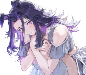 Rule 34 | 1girl, animal ears, bare shoulders, black hair, black shorts, blush, closed mouth, clothing cutout, cocontoozai, collarbone, commentary, cropped shirt, fenomeno (umamusume), flipped hair, grey shirt, grey socks, highres, horse ears, horse girl, horse tail, hugging own legs, knees up, long hair, looking at viewer, loose socks, meni shuki rush-sshu!, multicolored hair, overskirt, purple eyes, purple hair, shirt, shorts, shoulder cutout, socks, solo, tail, umamusume, untranslatable commentary