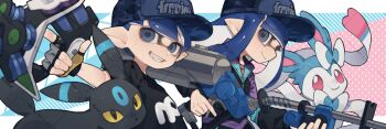 1boy 1girl alternate_color baseball_cap black_jacket black_shirt blue_eyes blue_hair blue_hat blue_jacket closed_mouth commission crossover e-liter_4k_(splatoon) fingerless_gloves gen_2_pokemon gen_6_pokemon gloves grey_gloves grin hat highres holding holding_weapon inkling inkling_boy inkling_girl inkling_player_character jacket long_hair looking_at_viewer multicolored_gloves multicolored_jacket nintendo pointy_ears pokemon pokemon_(creature) prat_rat purple_jacket shiny_pokemon shirt short_hair smile splatoon_(series) sylveon tentacle_hair tetra_dualies_(splatoon) umbreon watermark watermark_grid weapon yellow_gloves