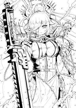 Rule 34 | 1girl, absurdres, adeptus astartes, animal ears, armor, artist name, azur lane, bags under eyes, blood, blood on face, bow, breasts, chain, chainsword, chaos (warhammer), chaos space marine, commentary, commission, crossover, dog ears, dog girl, ember (azur lane), english commentary, greyscale, hair bow, hair ears, hair over one eye, highres, horns, kreuzer 00, large breasts, loincloth, long hair, mechanical horns, monochrome, open mouth, power armor, reaching, simple background, skull, solo, spiked armor, spikes, standing, takao (azur lane), warhammer 40k, white background